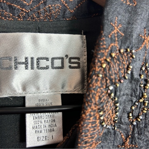 CHICOS JACKET WOMENS 1 BROWN SILK BEADED MEBROIDERED BUTTON FRONT TOP MEDIUM - Picture 7 of 7
